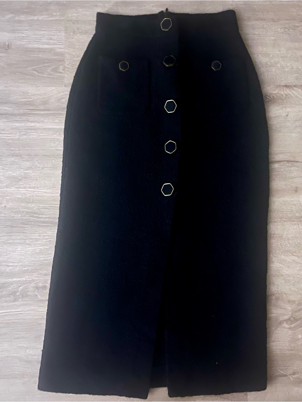ZARA Black Cotton Tweed Mismatched Button Midi Skirt XS